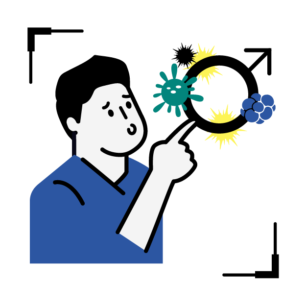 Graphic icon of a male pointing at a male symbol surrounded by germs