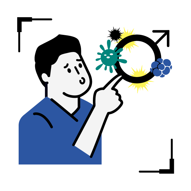 Graphic icon of a male pointing at a male symbol surrounded by germs