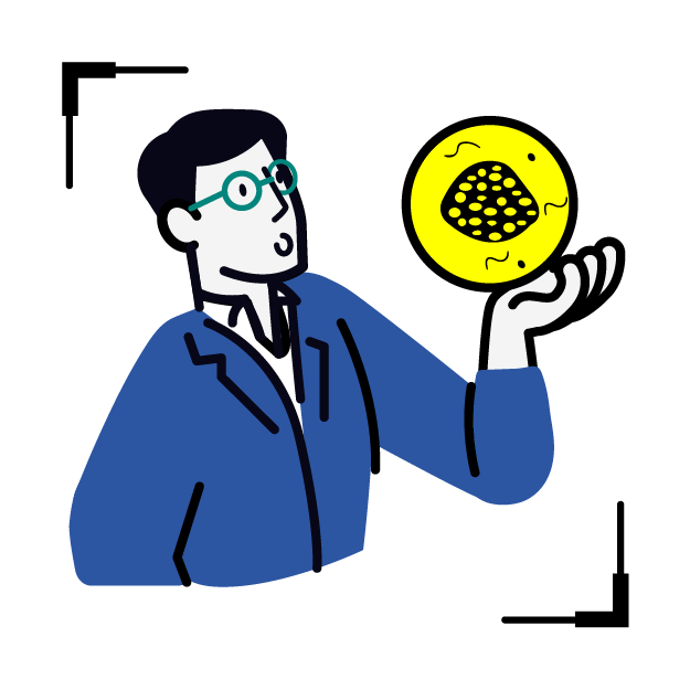 Graphic icon of a middle age man curiously holding a yellow bubble with cancer cells in it