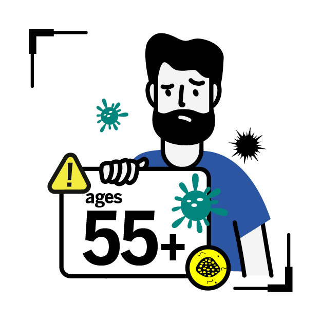 Graphic icon of a middle age man holding a sign writing 