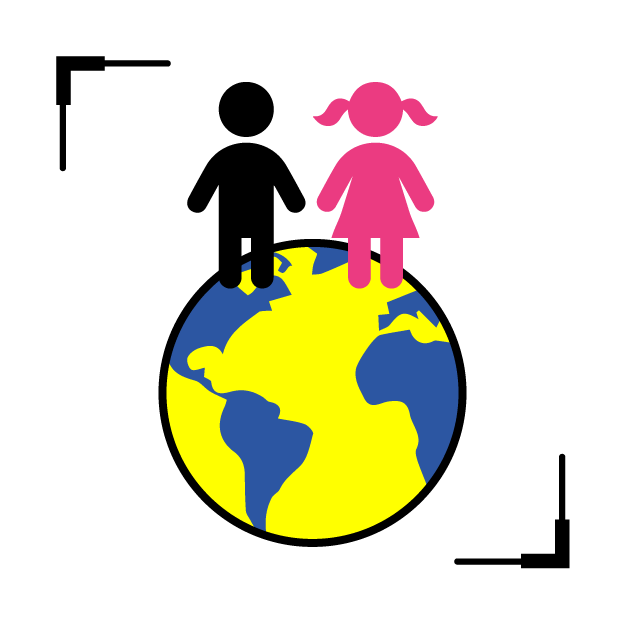 Graphic icon of a boy and a girl on top of the earth