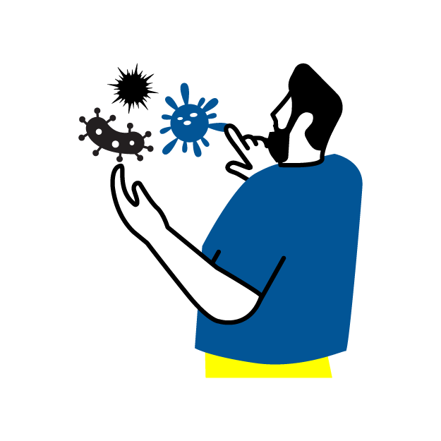 Graphic icon of a man pointing at germs