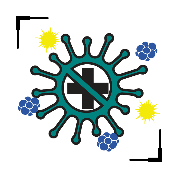 Graphic icon of a germ shaped cross in front of a black cross 